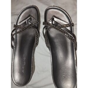 A. Giannetti Sandals Made InItaly. Silver Leather & Rhinestones.  2" Wedge Heel.